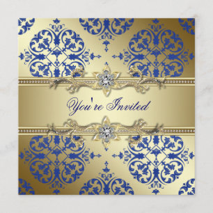 Invitations Royal Blue et Gold Damask Party