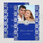 Invitations Royal Blue et Silver Mariage damassé (Devant / Derrière)