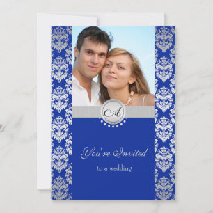 Invitations Royal Blue et Silver Mariage damassé