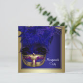 Invitations Royal Blue Gold Masquerade Party (Debout devant)