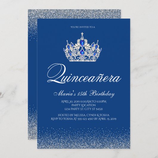 Invitations Royal Blue Quinceanera (Devant / Derrière)