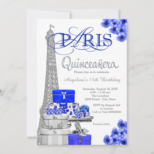 Invitations Royal Blue Silver Paris Quinceanera (Devant)