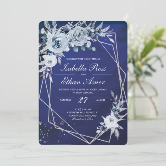 Invitations Royales De Mariage Bleu Et Argent (Debout devant)