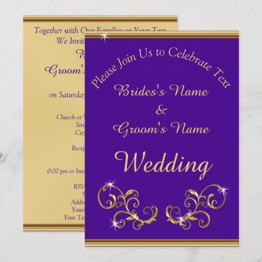 Invitations Royales de mariage violet et d'or éton (Devant / Derrière)
