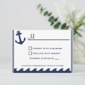 Invitations rsvp bleu et blanc marine nautique (Debout devant)