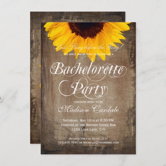 Invitations Rustic Sunflower Bachelorette Party (Devant / Derrière)