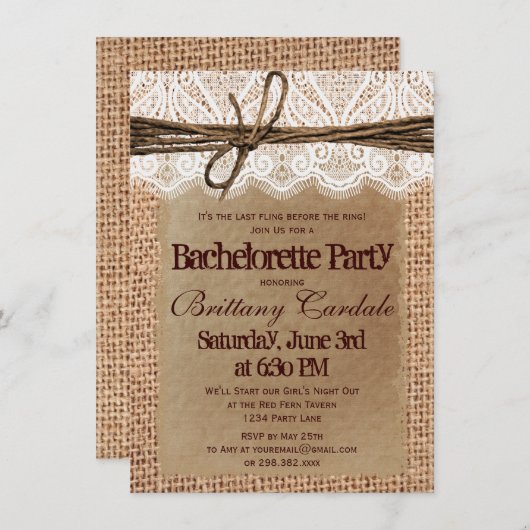 Invitations Rustique Burlap Bachelorette Party (Devant / Derrière)