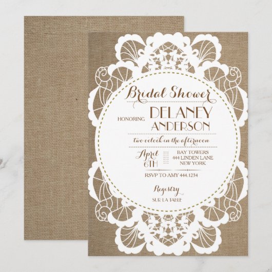 Invitations Rustique Lace Burlap Douche nuptiale (Devant / Derrière)