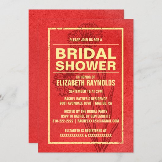 Invitations Rustique Red & Gold de douche nuptiale (Devant / Derrière)
