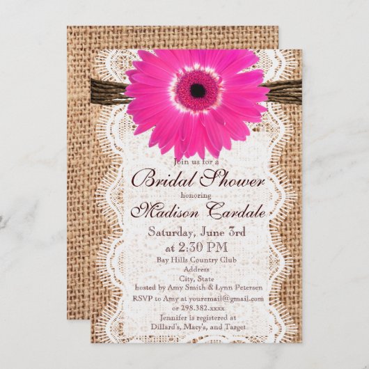 Invitations Rustiques Burlap Rose Daisy (Devant / Derrière)