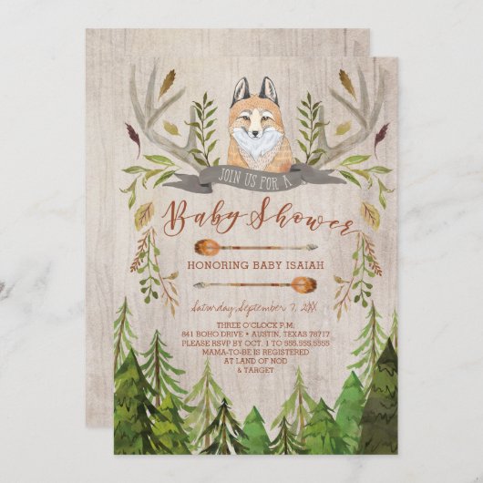 Invitations rustiques de baby shower de Fox de (Devant / Derrière)