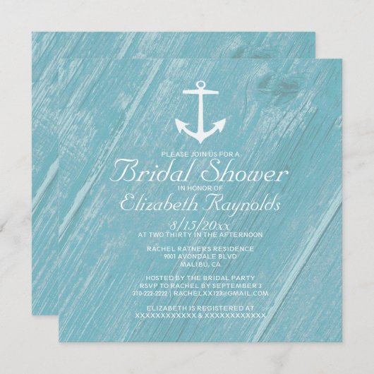 Invitations rustiques de Fête de la mariée d'Ancre (Devant / Derrière)