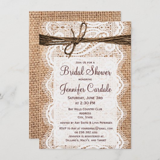 Invitations rustiques de Fête de la mariée de (Devant / Derrière)