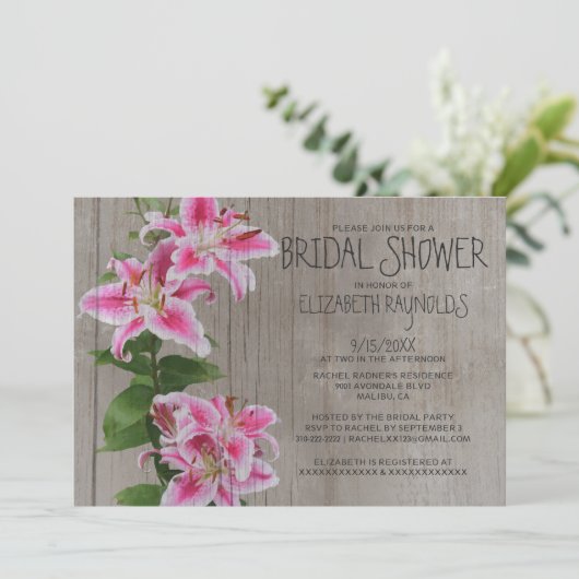 Invitations rustiques de Fête de la mariée de lis (Debout devant)