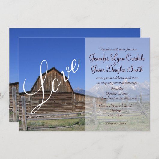 Invitations rustiques de mariage d'amour de grange (Devant / Derrière)