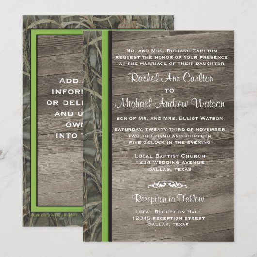 Invitations rustiques de mariage de Camo (Devant / Derrière)
