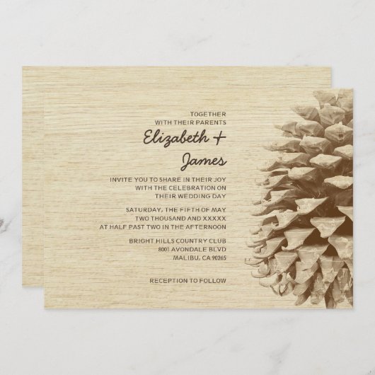 Invitations rustiques de mariage de cône de pin (Devant / Derrière)