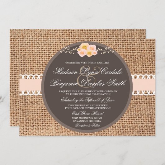 Invitations rustiques de mariage de dentelle de (Devant / Derrière)