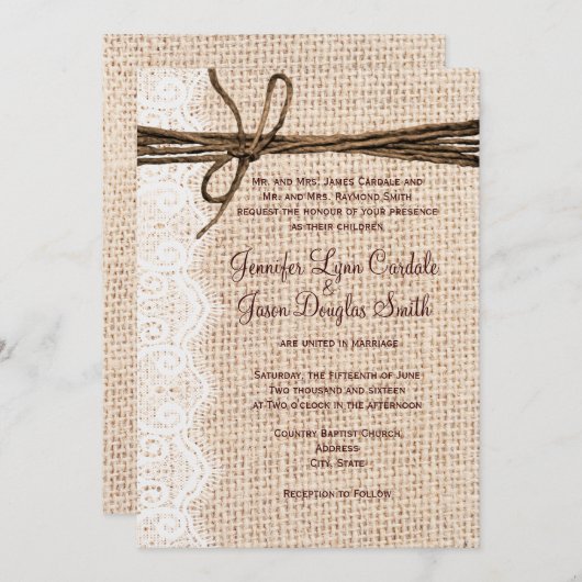 Invitations rustiques de mariage de ficelle de (Devant / Derrière)