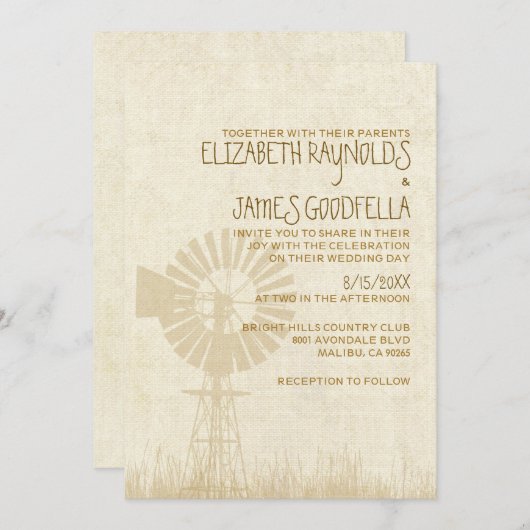 Invitations rustiques de mariage de moulin à vent (Devant / Derrière)