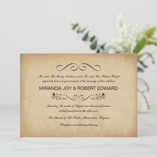Invitations rustiques de mariage de parchemin (Debout devant)