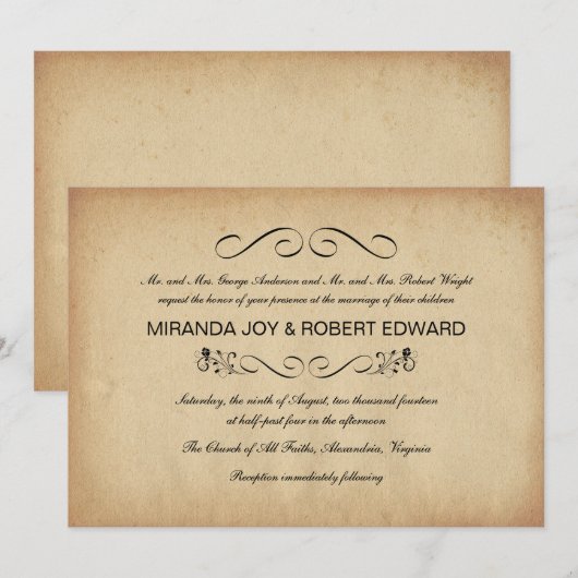 Invitations rustiques de mariage de parchemin (Devant / Derrière)