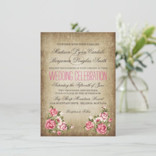 Invitations rustiques de mariage de roses roses (Debout devant)