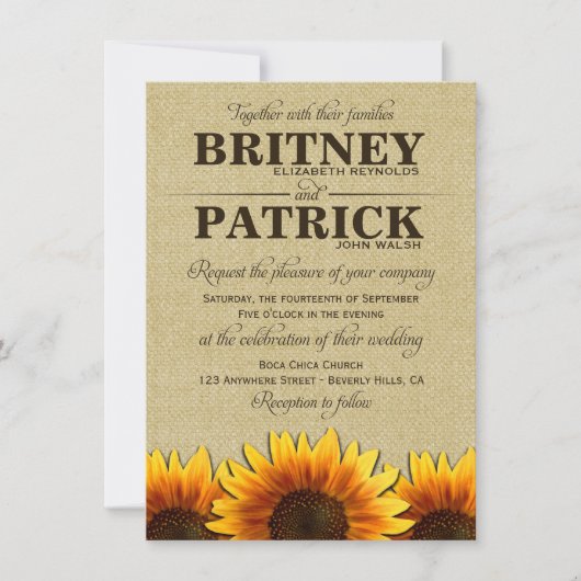 Invitations rustiques de mariage de toile de jute (Devant)
