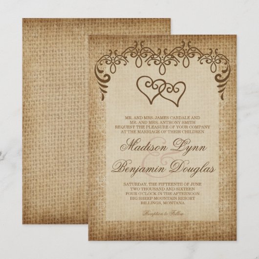 Invitations rustiques de mariage de toile de jute (Devant / Derrière)