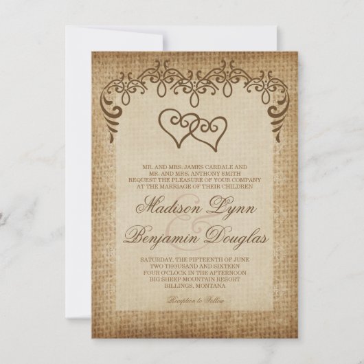 Invitations rustiques de mariage de toile de jute (Devant)