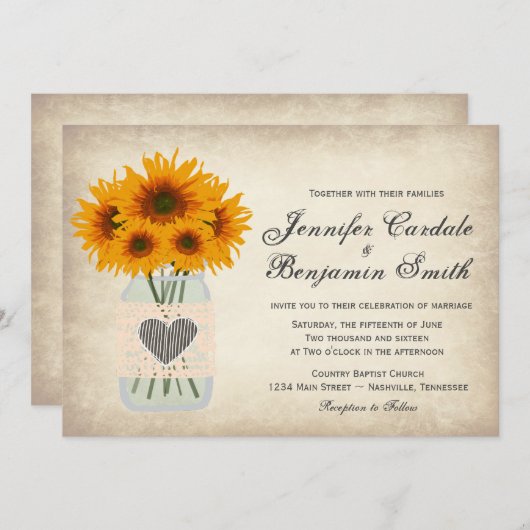Invitations rustiques de mariage de tournesol de (Devant / Derrière)