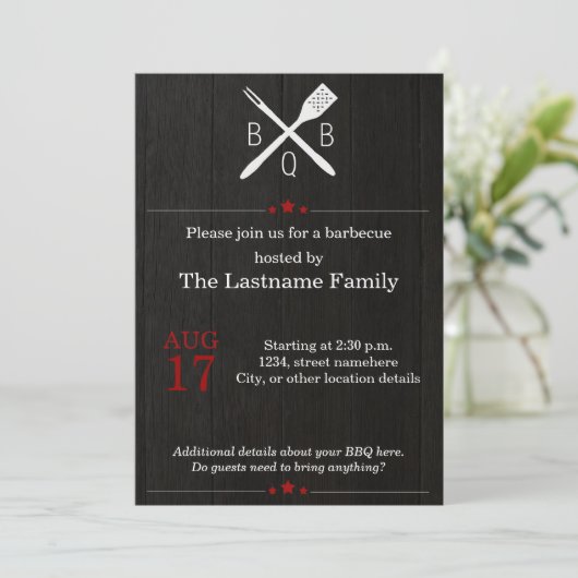 Invitations rustiques et modernes de BBQ en rouge (Debout devant)