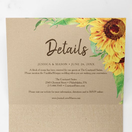 Invitations Rustiques Mariage Tournesol Tri-Fold (Intérieur en premier)