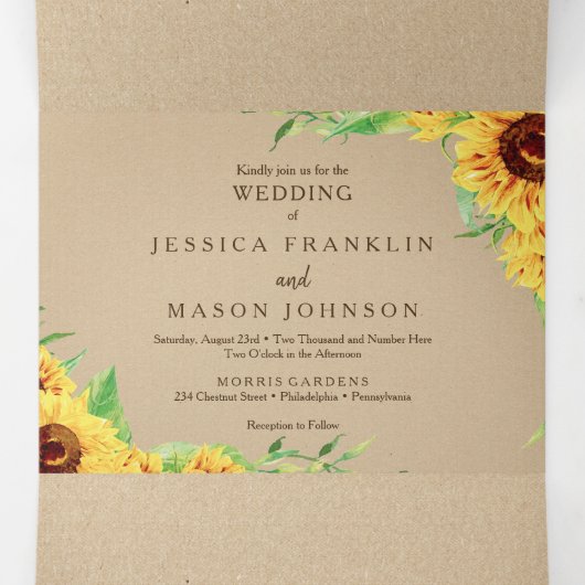 Invitations Rustiques Mariage Tournesol Tri-Fold (Intérieur au milieu)