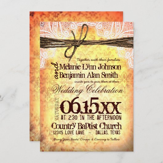 Invitations rustiques vintages de mariage de (Devant / Derrière)