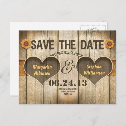 invitations "sauvegarder la date" en bois et tourn (Devant / Derrière)