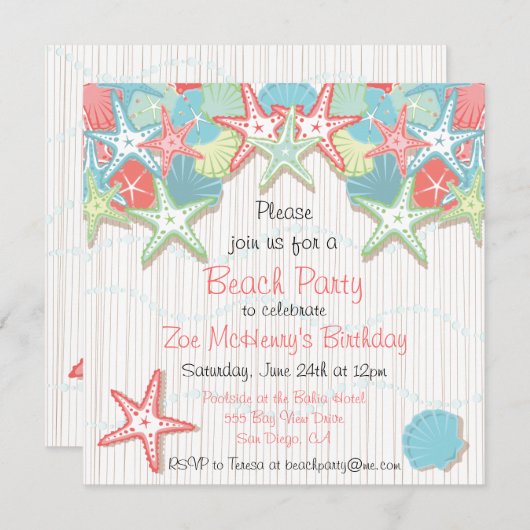 Invitations Seashell Beach Party (Devant / Derrière)