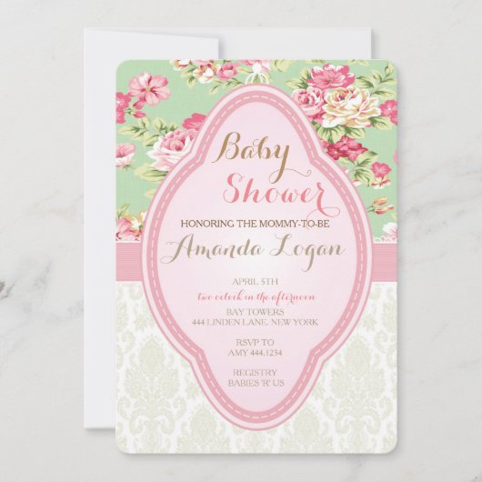Invitations Shabby Chic Baby shower Tea Party (Devant)