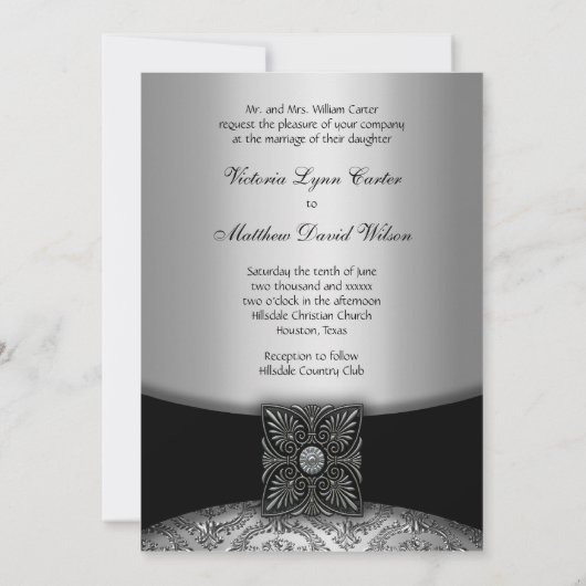 Invitations Silver & Black Mariage damassé (Dos)