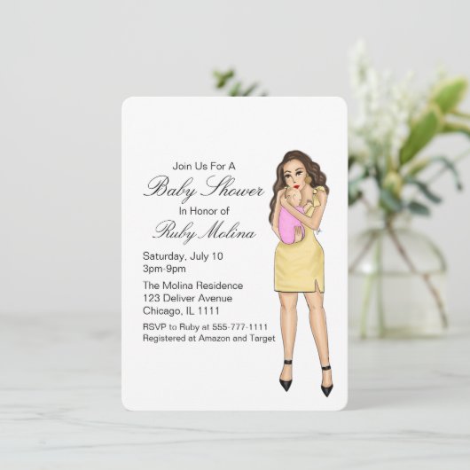 Invitations simple rose bébé fille douche (Debout devant)