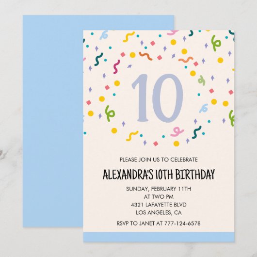 Invitations simples 10e anniversaire Confetti Mode (Devant / Derrière)