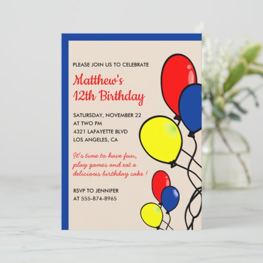 Invitations simples 12e anniversaire Ballons Boy (Debout devant)