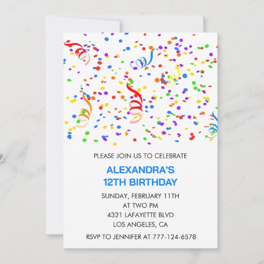 Invitations simples 12e anniversaire Confetti Rain (Devant)