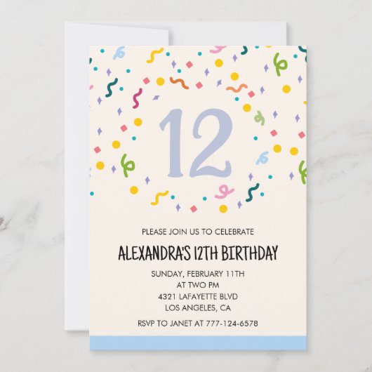 Invitations simples 12ème anniversaire Confetti Mo (Devant)