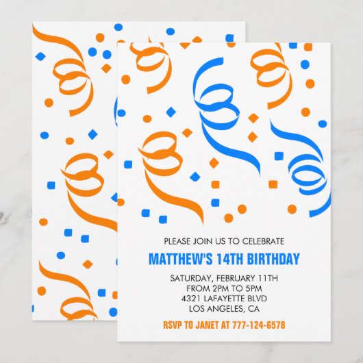 Invitations simples 14e anniversaire Confetti Blue (Devant / Derrière)