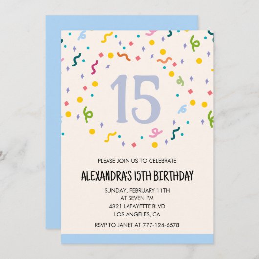 Invitations simples 15e anniversaire Confetti Mode (Devant / Derrière)