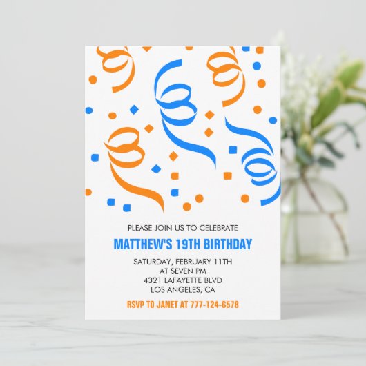 Invitations simples 19e anniversaire Confetti Blue (Debout devant)