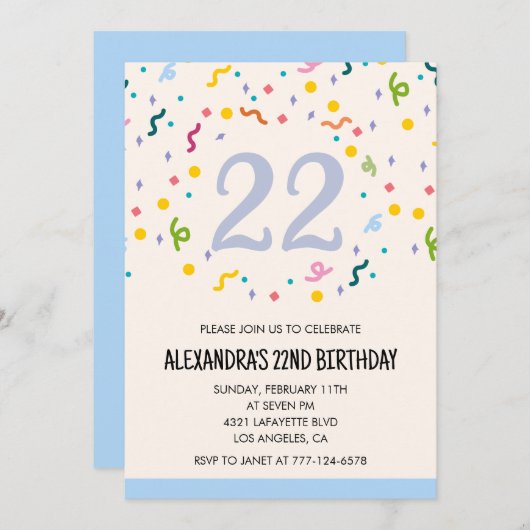Invitations simples 22e anniversaire Confetti Mode (Devant / Derrière)