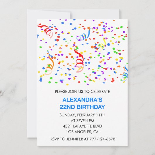 Invitations simples 22e anniversaire Confetti Rain (Devant)