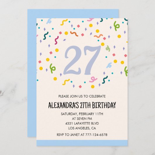 Invitations simples 27e anniversaire Confetti Mode (Devant / Derrière)